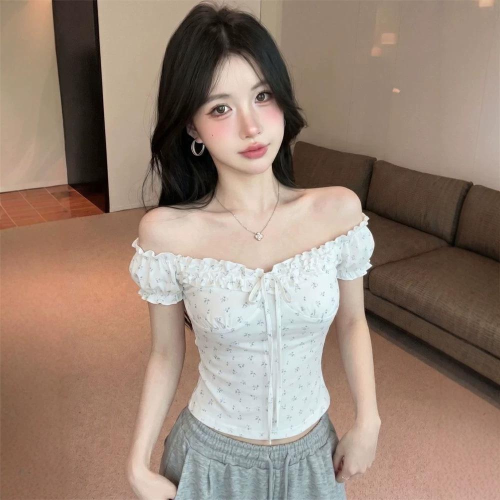 French white one-word neck floral lace-up bubble sleeve T-shirt women's summer niche slim-fit beautiful sweet sister top