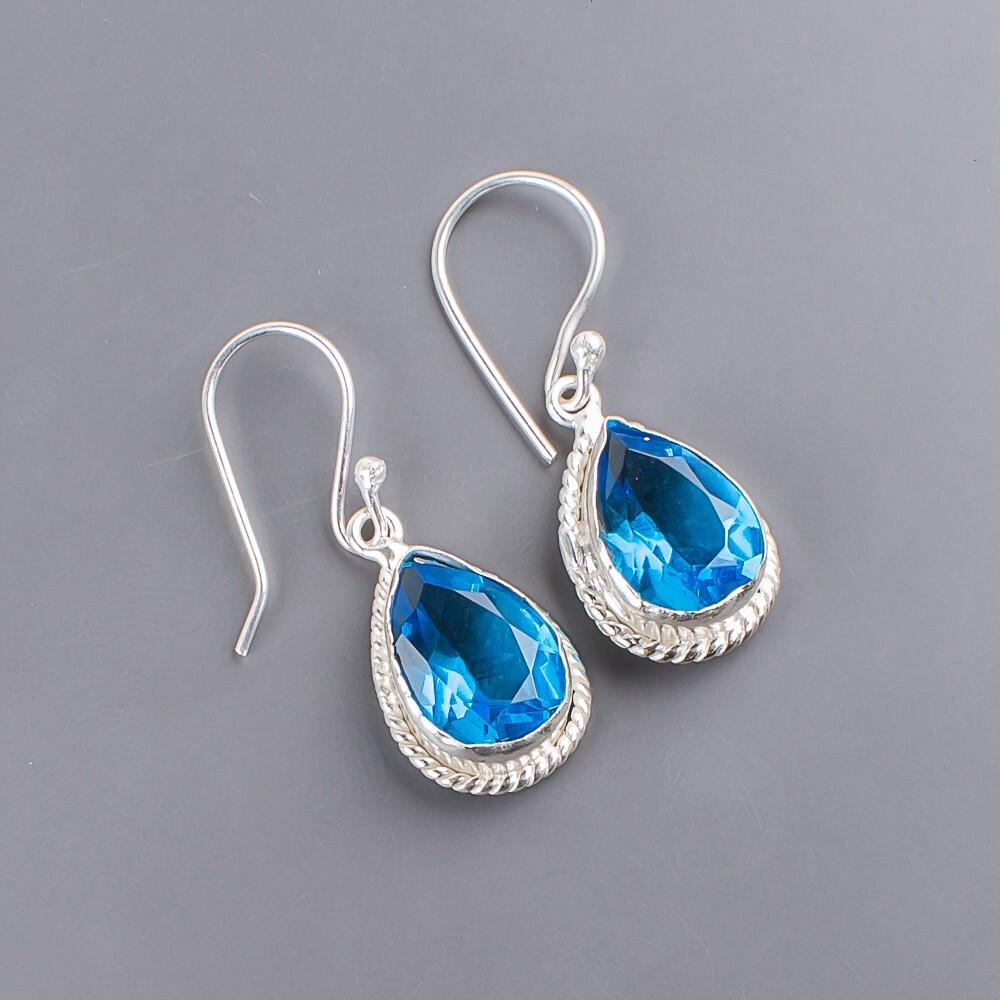 Swiss Blue Topaz Gemstone 925 Sterling Silver Handcrafted Women's Earrings 1.40" EE-9-6