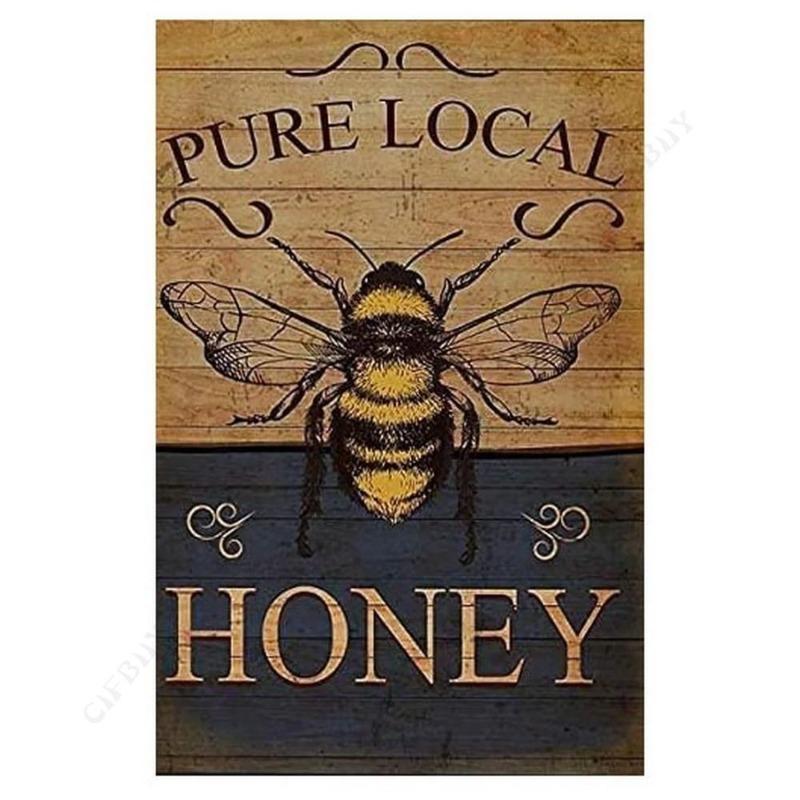 Bee Metal Wall Sign for Home Cafe Bar, Creative Tin Decor 30x20cm