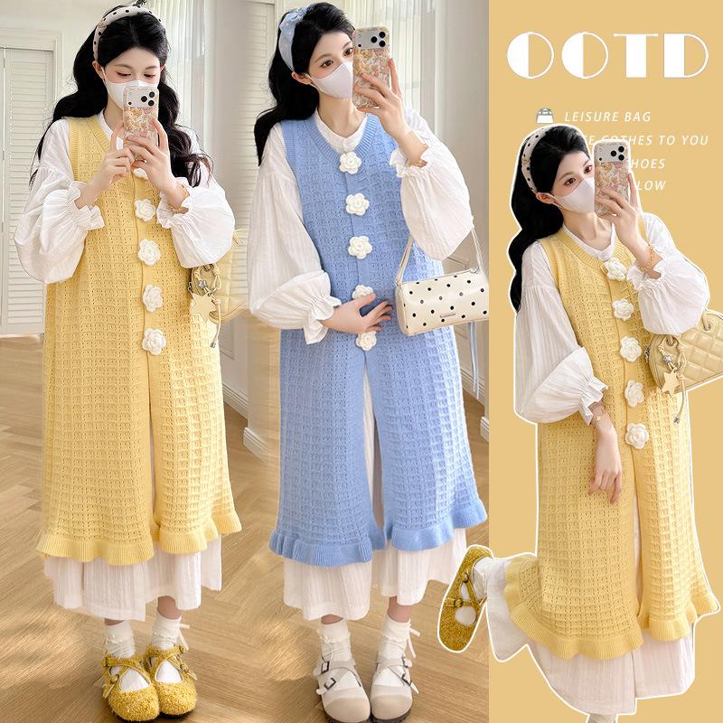 Spring 2026 French Loose Long Dress & Camellia Fishtail Knit Vest Maternity Set 2XL