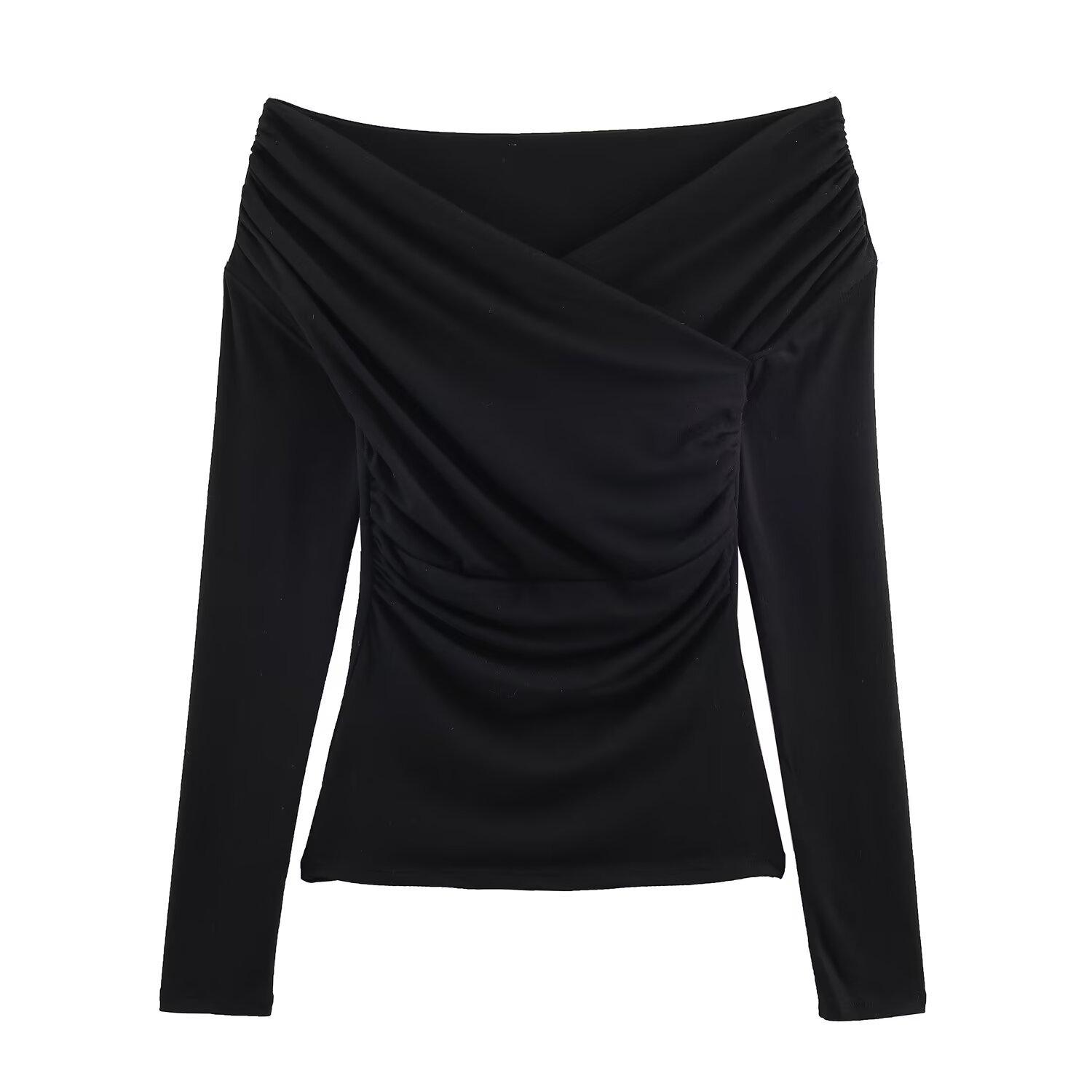 2025 Autumn European Style Women s Double Pleated Collar Ruched Long Sleeve Top Small чёрный