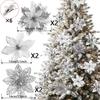 6-24 Stück 15cm Künstliche Weihnachtsblumen mit Clips Stielen, Weihnachtsbaumschmuck Glitzerblume für Girlande Neujahrsparty Dekoration