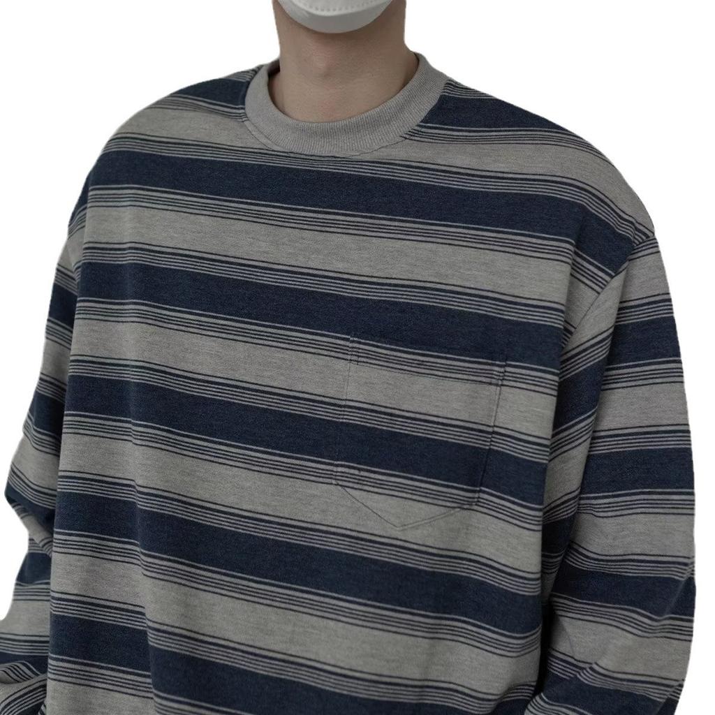 Spring and Autumn New Men's Temperament Casual Round Neck Long-sleeved T-shirt Striped Loose Long-sleeved Sweatshirt Niche Striped Color Matching