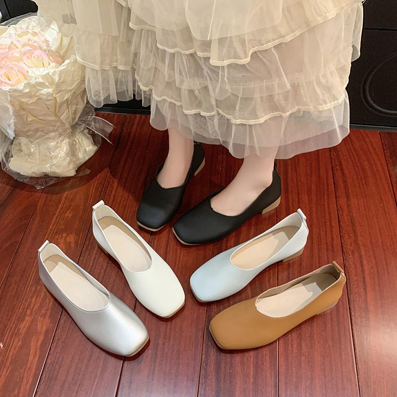 New Women's Summer Black White Mary Janes Flat Shoes Elegant French Square Toe Retro Low Heel Soft Soled Casual Flats