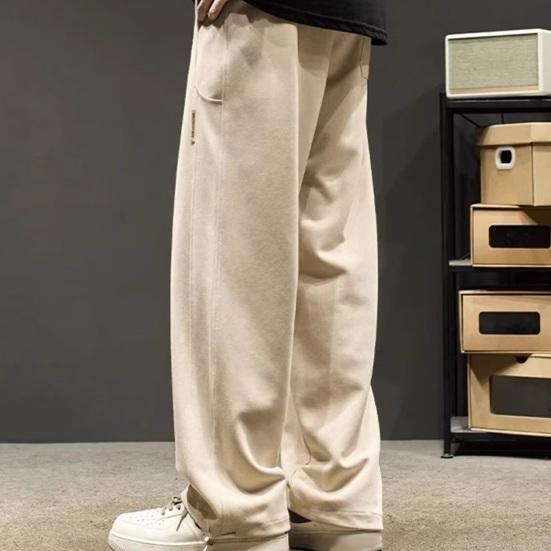 Men Fall Winter Pants Drawstring Elastic Waist Loose Thick Plush Pockets Wide Leg Straight Soft Men Casual Long Sports Trousers Sweatpants