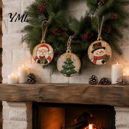 Holiday Party Hanging Decor 8Pcs Christmas Wooden Ornaments, Wood Slice with Santa, Garland Ornaments Snowman, Gingerbread, Reindeer Prints