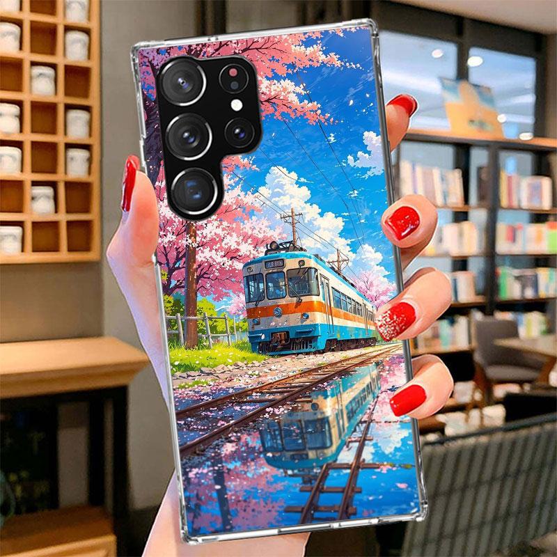 Retro Japanese Sakura Train Phone Case For Samsung Galaxy S26 S25 Edge S24 Ultra S23 S22 Plus S21 S20 FE Soft Fundas Shell Galax