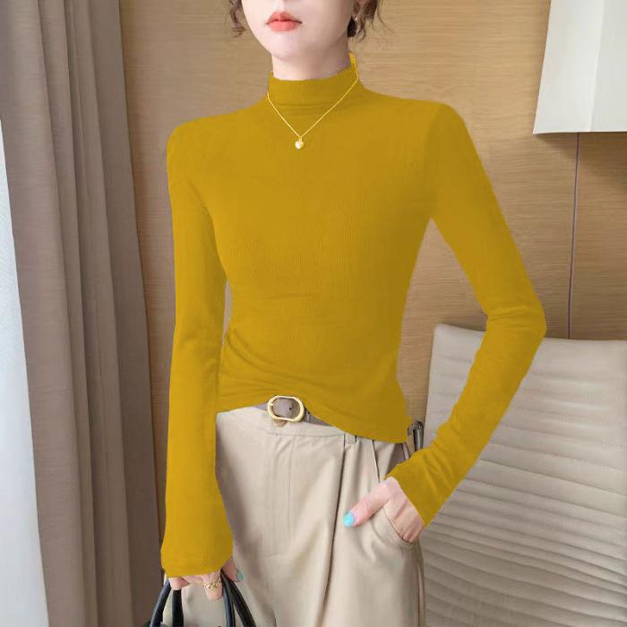 T-Shirt mit geradem Kragen und langen Ärmeln für Damen im Herbst und Winter Neues Basic-Shirt mit hohem Kragen Einfarbig Slim Fit Schlankes Innentop