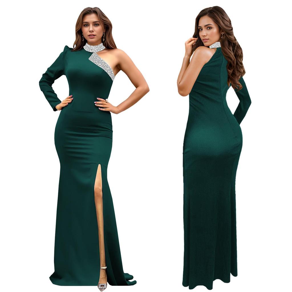 C7268 Women's Off-the-Shoulder Rhinestone Split-Front Dress - New Fashion Europe America