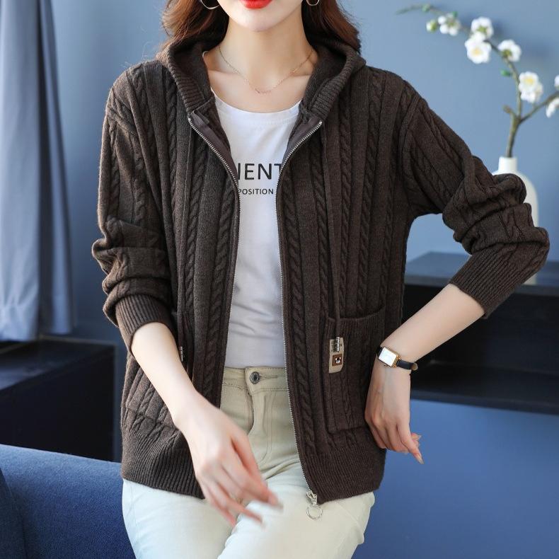 Hooded Knitted Jacket for Women Versatile for Autumn and Winter Loose Solid Color Sweater Jacket Autumn and Winter Sweater Cardigan for Women