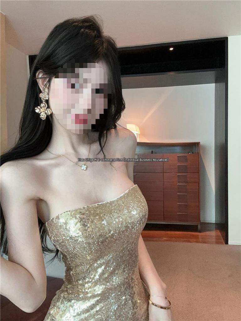 C85 Women's 2025 Shiny Sequin Bandeau Backless Bodycon Dress