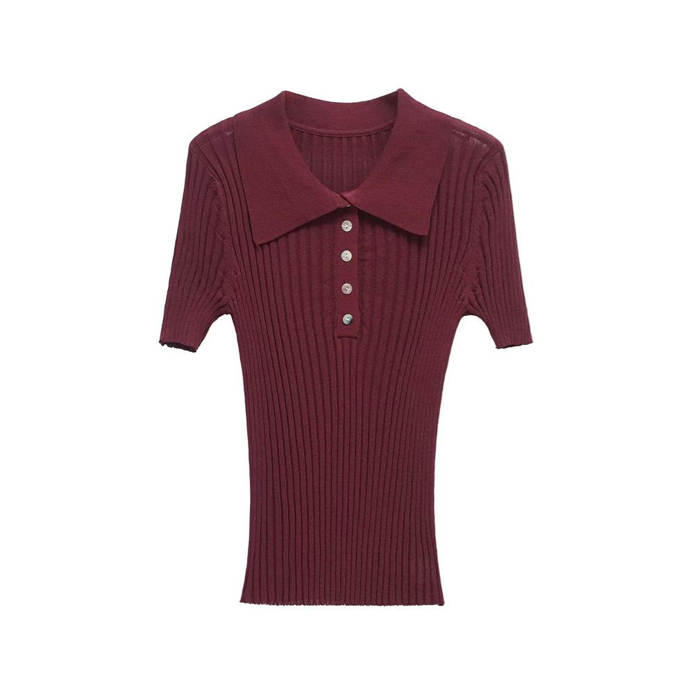 

Женский пуловер с коротким рукавом и рубчатой вязкой, с воротником поло, весна 2025 M вино красного