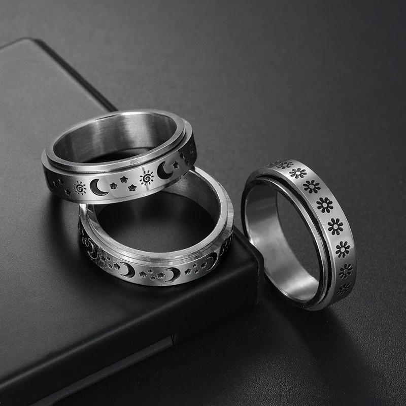 Trendy Punk Anxiety Ring for Women And Men with Moon Design Stainless Steel Anti-Stress Fidget Ring Fashionable Rotating