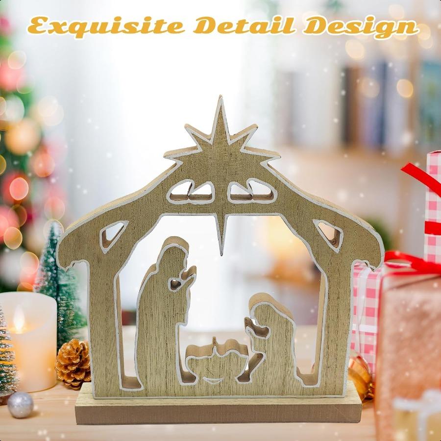 Wooden Nativity Scene Sets Hand Painted Holy Family Figure Religious Christmas Decoration for Table Centerpiece Home Jesus Offi