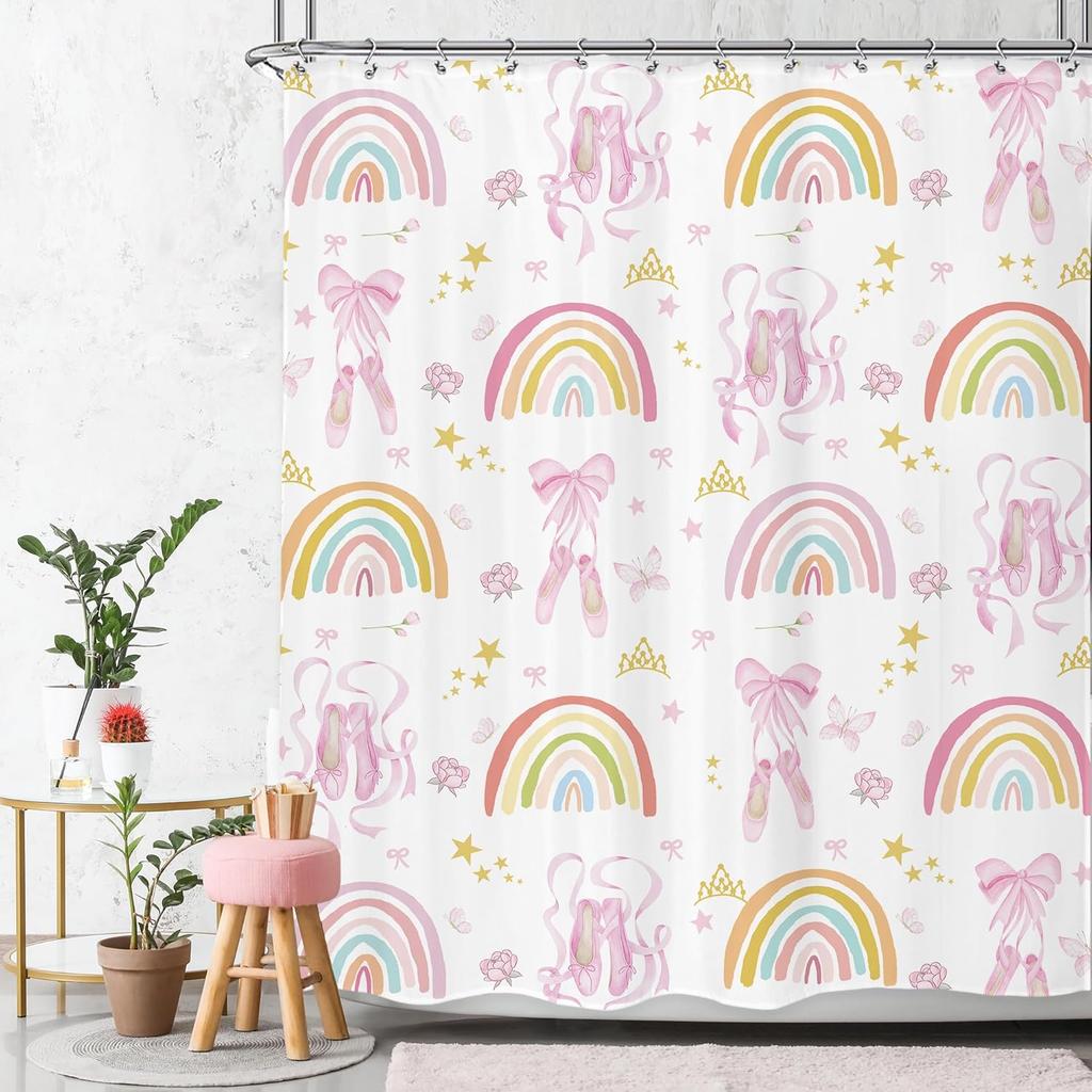 Kids Girls Purple Rainbow Shower Curtain Boho Rainbow Lavender Polka Dots Cartoon Cute Princess Vintage Preppy Girly Bathroom
