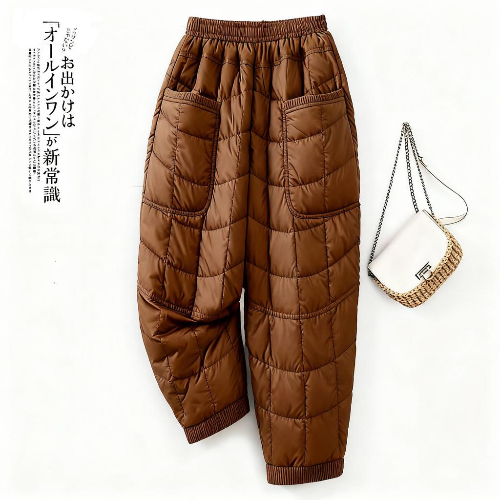 Women's High Rise Jogger Pants Thick Diamond Quilted Harem Trousers Non Elastic Polyester Rib Cuff Winter Commute Thermal Pants
