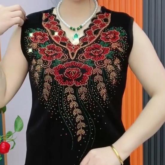 Women Summer Tops V-Neck Sleeveless Loose Fit Tank Tops Hot Drill Flower Printed Tops