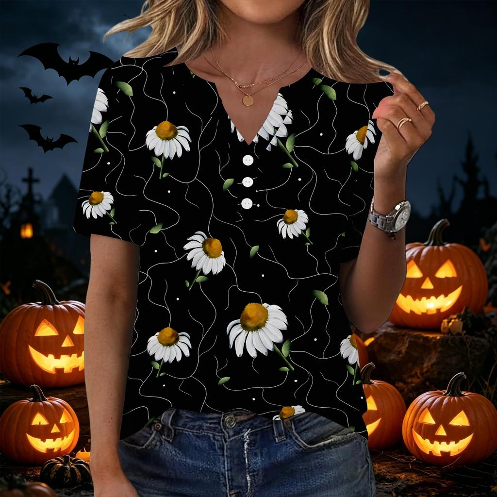 Women's Halloween Printed V-Neck Short Sleeve T-Shirt with Pocket, Loose Fit