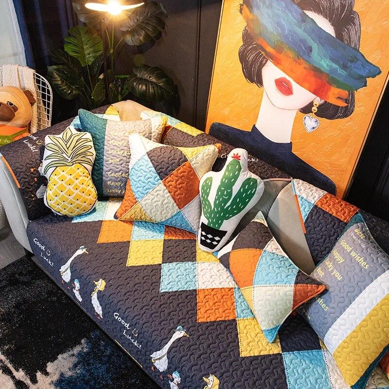 Four Season Universal Cartoon White Non-slip Sofa Covers for Living Room Cushion Couch Embroidery Soft Fabric