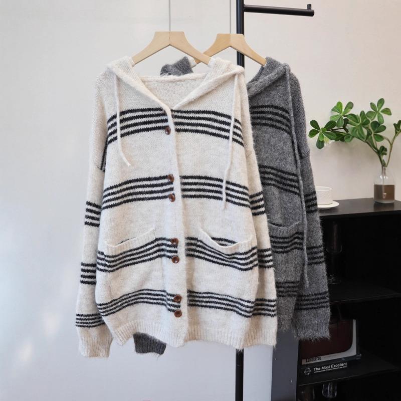 Contrasting striped hooded sweater jacket women's autumn and winter new loose and versatile medium and long knitted cardigan