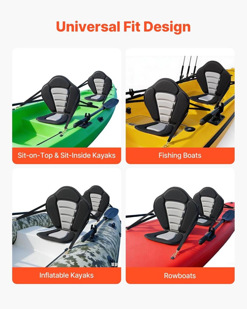 Kayak Seat, 2 Pack 12 mm Thick, Universal Paddle Board Seat with Back Support, Sit-on-Top Soft Padded Cushion with Storage Bag & Adjustable Straps for