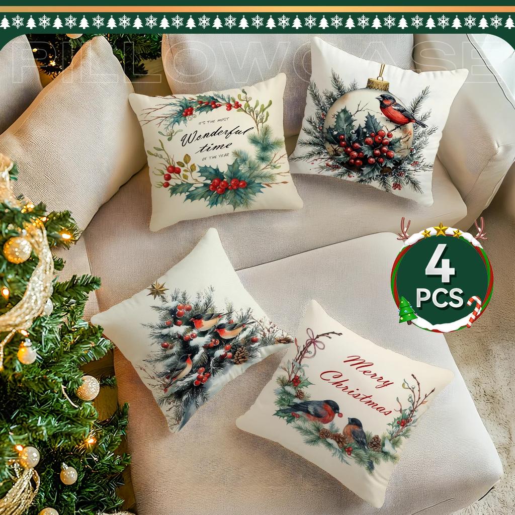 Christmas Birds Cushion Pillowcase Printed Polyester 45X45Cm Throw Pillowcover Decorative Sofa Cushion Pillowslip Home Decor