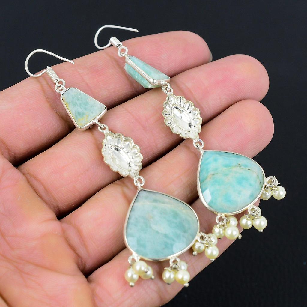 Natural Amazonite Gemstone Drop/Dangle Earrings 925 Sterling Silver Jewelry