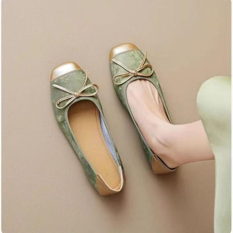 Xiaoxiangfengba French Mary Jane PU Bow One Pedal Light Mouth Muffin Bottom Low Heel Round Head Low Top Shoes Rubber
