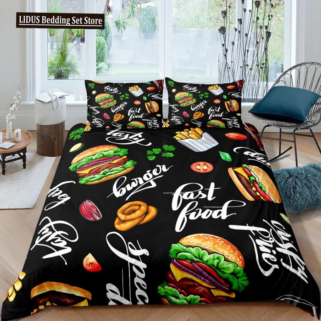 Amerikanisches Fast Food Bettbezug Set Doppelgröße Pizza Hotdog Bettdeckenbezug Hamburger Print Bettwäsche Set Pommes Quiltbezug
