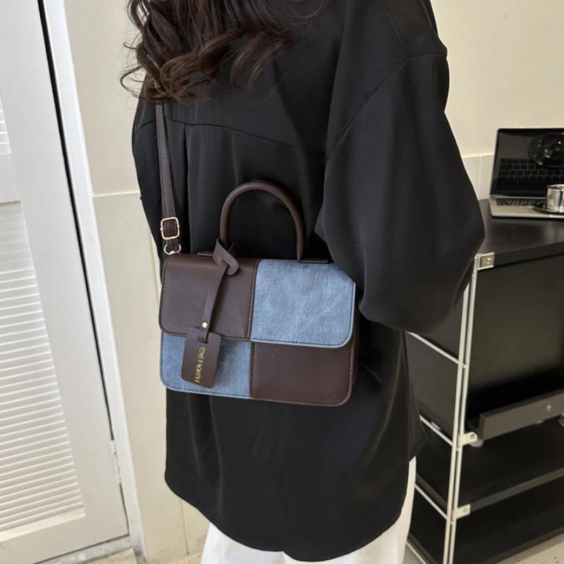 Women'S Commuter Tote Bag Pu Leather Fashion Plaid Patchwork Single-Shoulder Crossbody Bag