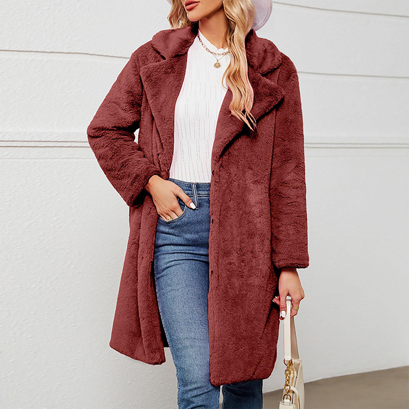 

Женский осенне-зимний однотонный кардиган с лацканами, пальто, плюшевая длинная куртка, пальто S винный