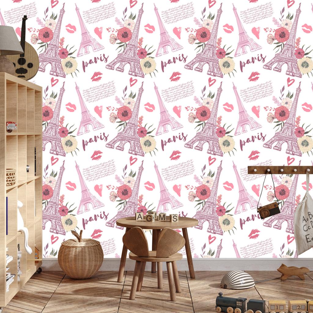 Eiffel Tower wallpaper with flowers and hearts for living room and bedroom 50x1000