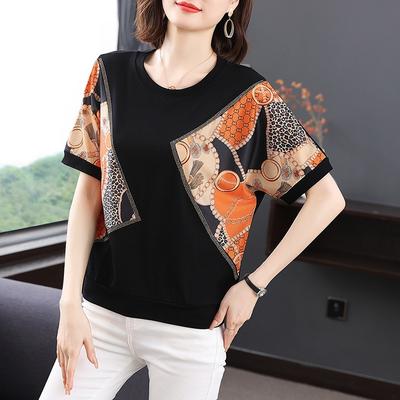 Women's Fashion Casual Summer Spring Colour Block Print Short Sleeve O-Neck Blouses & Shirts