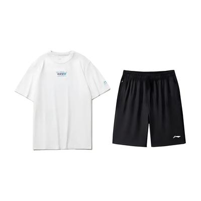 Li Ning Dazzling Star Print Round Neck Short Sleeve T-Shirt Loose Comfortable Shorts Casual Sports Suit Unisex Suit AHSU969-3+AKSV843-1