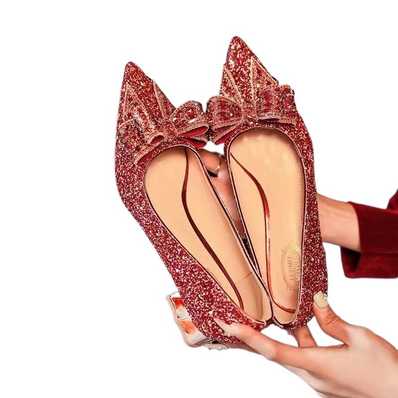 Large Wedding Shoes Bridal Women's High Heels New Crystal Glitter Wedding Coarse Heels Pointed Women's Pump