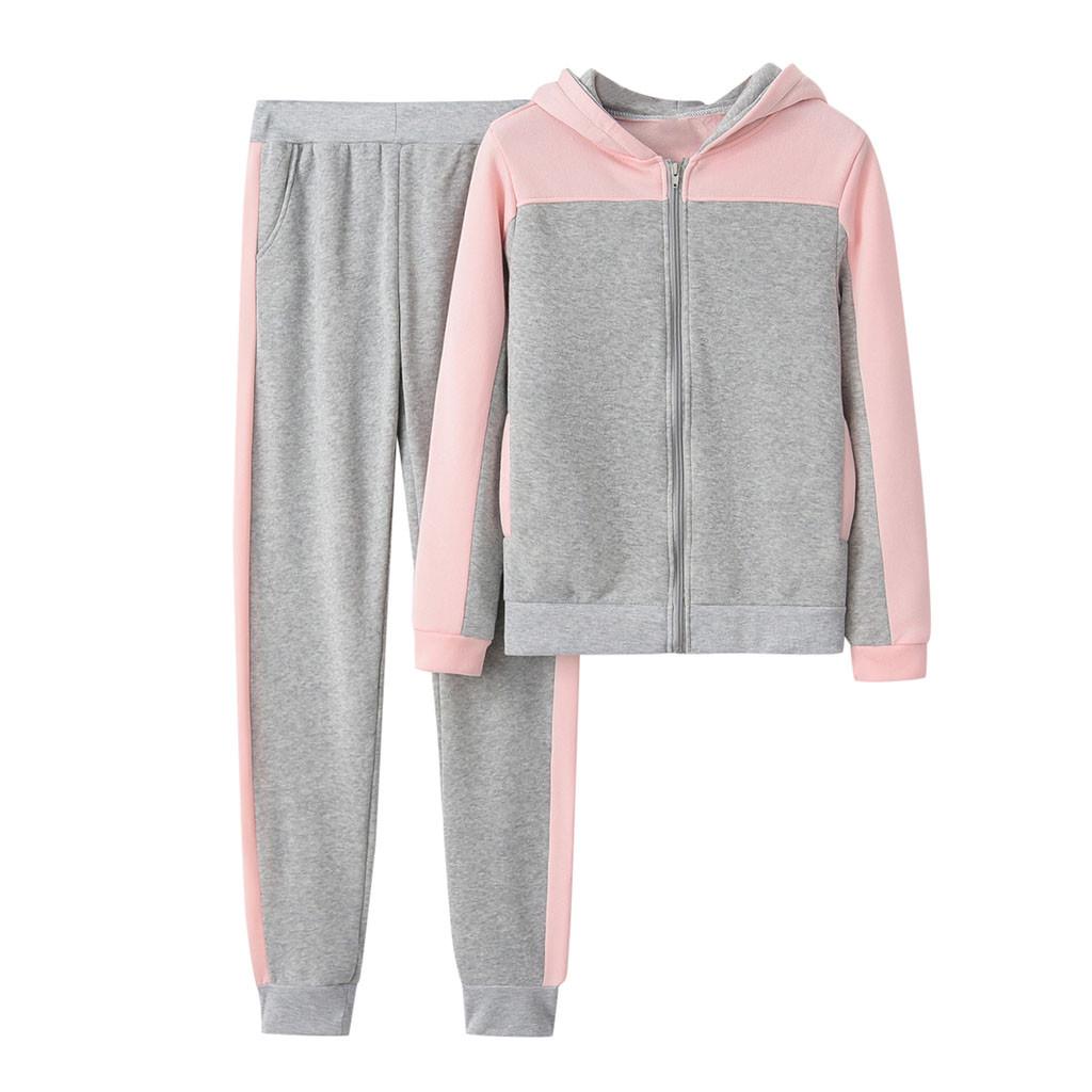 Women Solid Color Hooded Sweatshirt and Pant Tracksuit Sport Suit