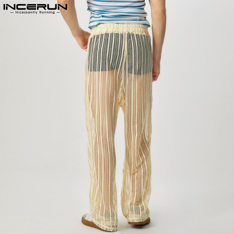 INCERUN Men Fishnet See Through Long Pants Holiday Beach Mesh See Through Trousers