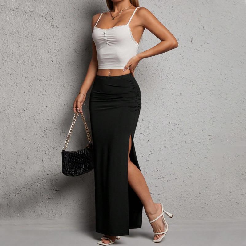 Women Solid Color Elegant Split Hip Wrap Long Casual Commute Pencil Skirt
