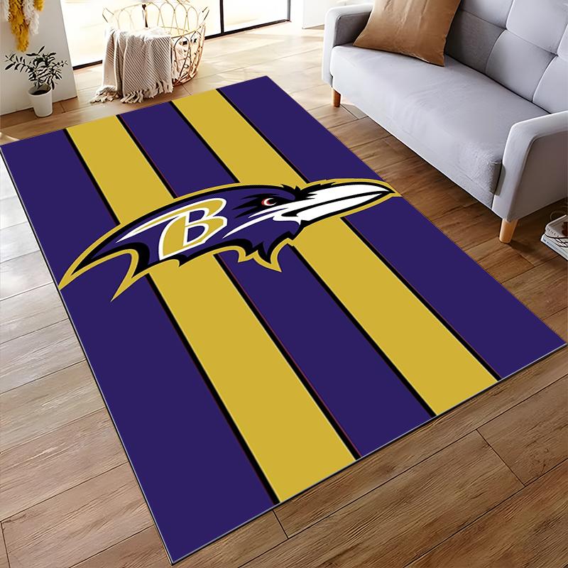 Baltimore Ravens logo on purple and gold stripes Non-slip rug suitable for living room and bedroom sofas