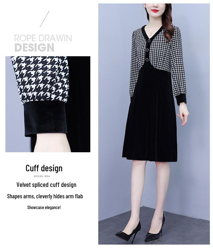Women's Houndstooth Velvet Patchwork High Waist Midi Dress