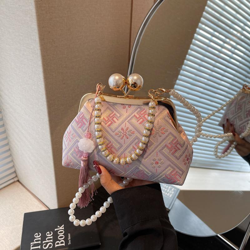 Small Bag Women's New Summer Fashion Mouth Gold Bag High-end Pearl Chain Messenger Bag