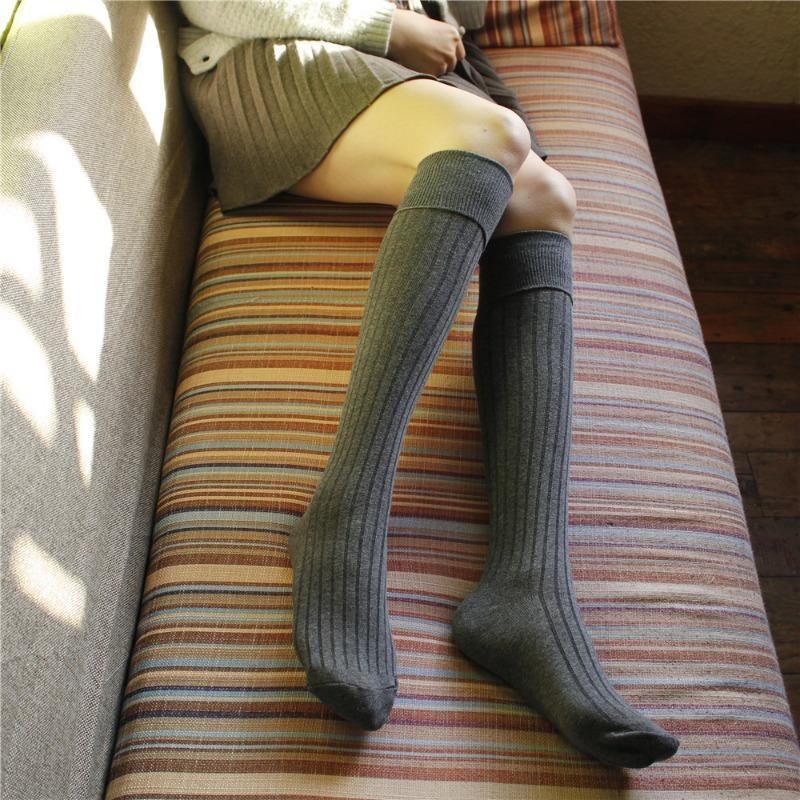 Chaussettes mi-mollet à rayures verticales et couleur unie pour l'automne et l'hiver, Chaussettes pour femmes, Longues chaussettes en coton montant jusqu'aux cuisses, Chaussettes hautes verticales