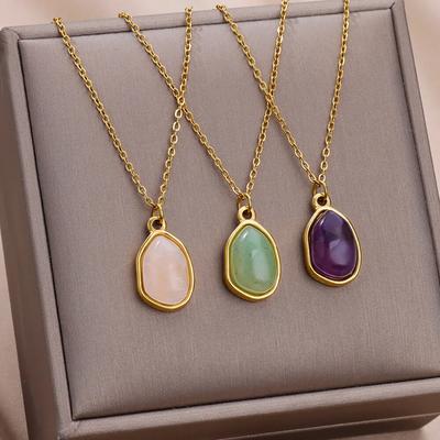 Modische Stein Opal Oval Halskette für Damen Edelstahl Goldfarbe Grüner Stein Anhänger Halskette Hochzeit Ästhetischer Schmuck Geschenk