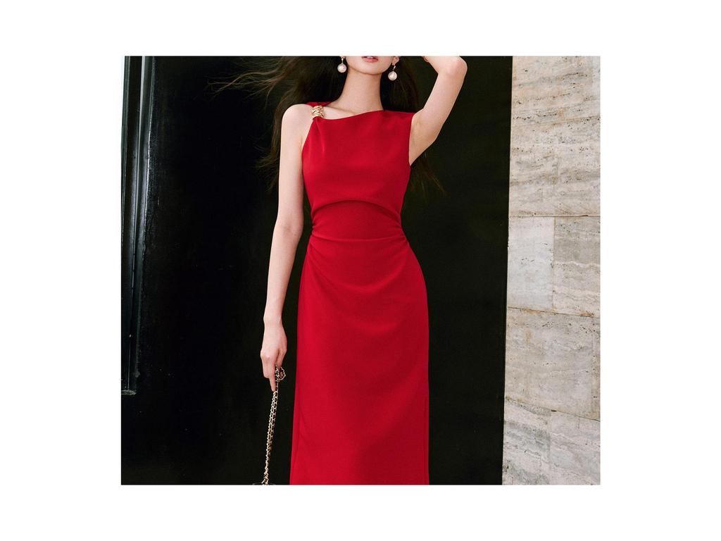 Pre-Sale Micro-Elastic Twill Dress with Metal Inlay and Asymmetric Ruched Waist