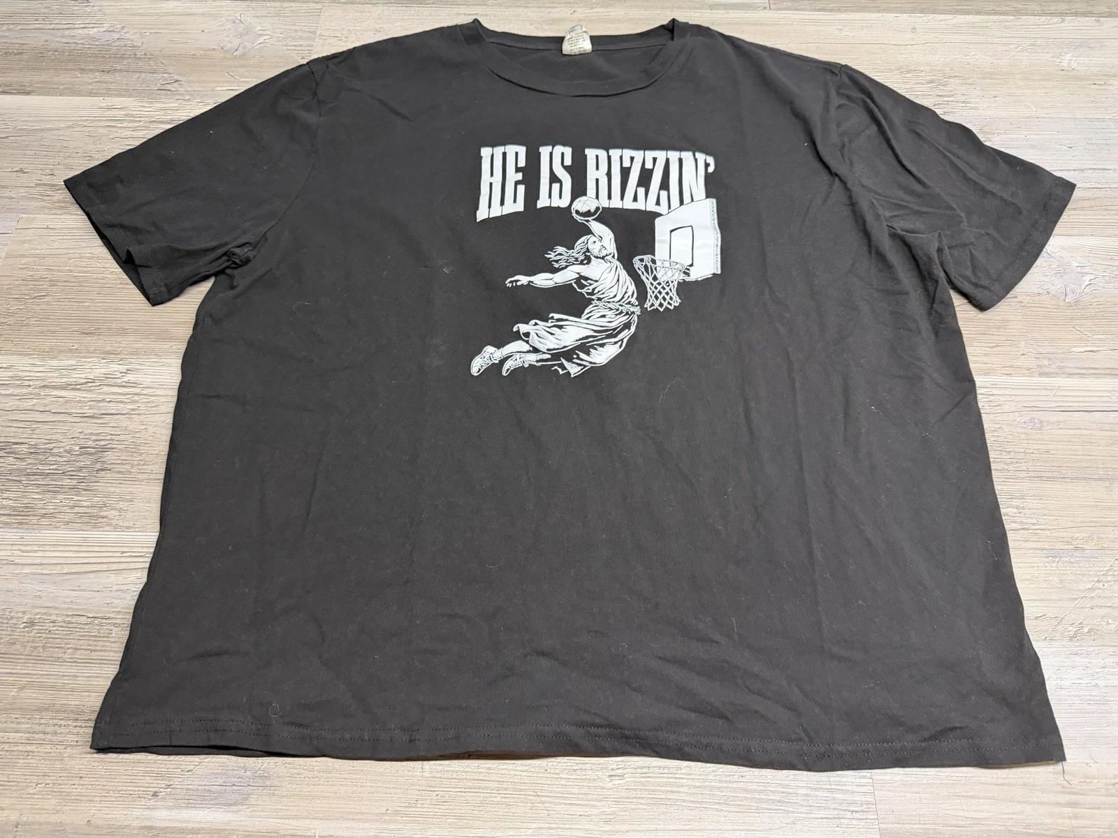 Mens Funny T-Shirt He Is Rizzin Sarcastic Jesus Christian Graphic Tee Black 2XL S