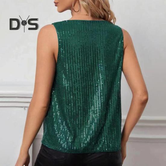 Women Tank Tops Sequin V-Neck Sleeveless T-shirt Shiny Glitter Blouses Sexy Cami Tops for Cocktail Party Clubwear Evening