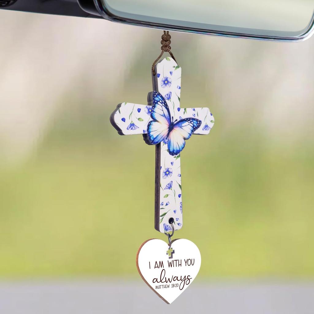 Cross for Car Mirror Hanging Christian with Bible Verse - I Am with You Always - Cross for Rear View Mirror - Christian Car Accessories Ornament -