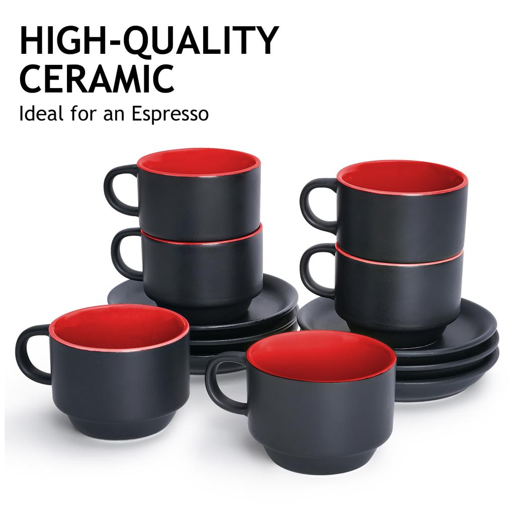 MIAMIO - 75 Ml X 6 Stoneware Espresso Mug/Cup Set, Black Exterior, Colorful Interior
