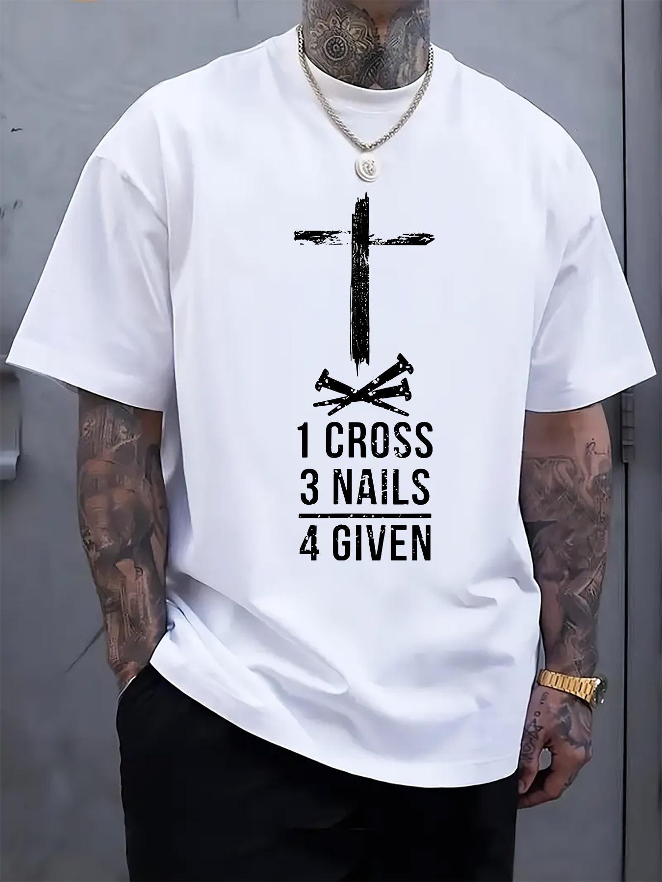 

Graphic Print Short Sleeve T-shirt - White with Black Cross & Nails Design XXXXL