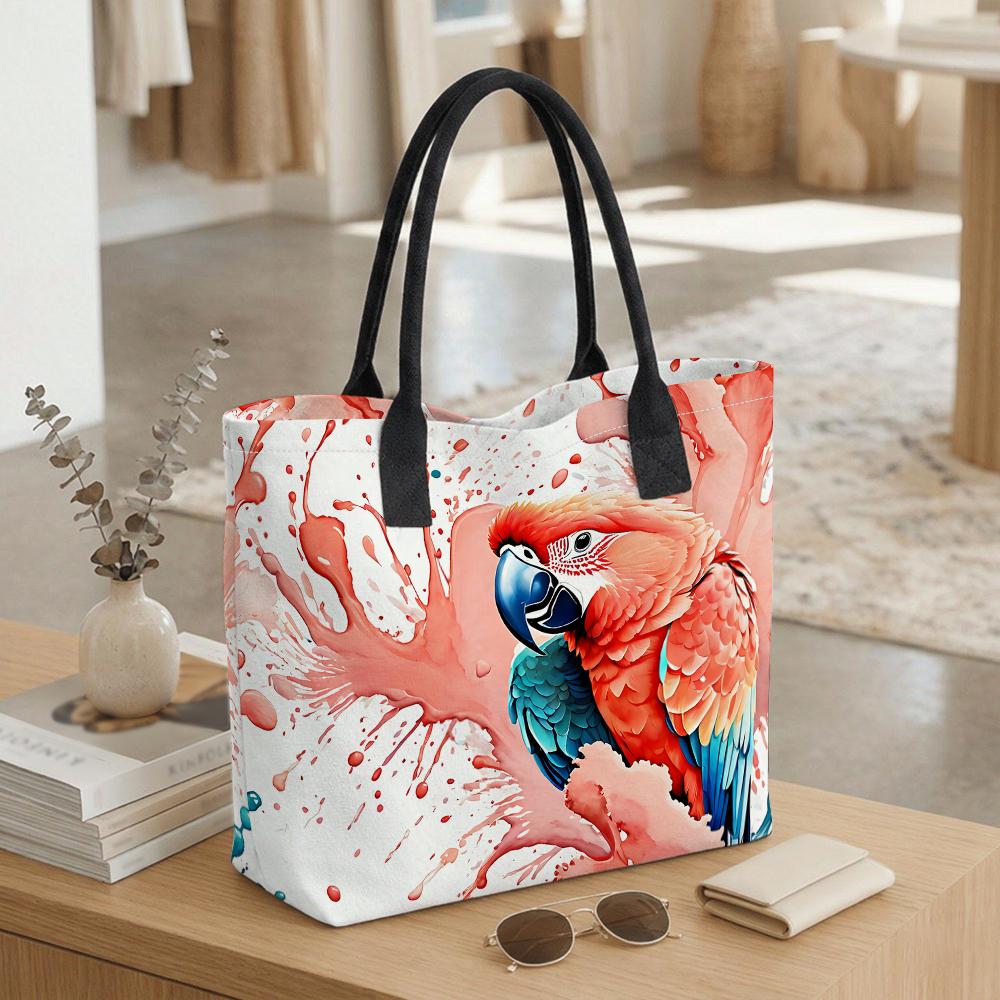 Watercolor Parrot Printed Canvas Tote Bag Large Capacity Casual Shoulder Bag for Daily Shopping Travel
